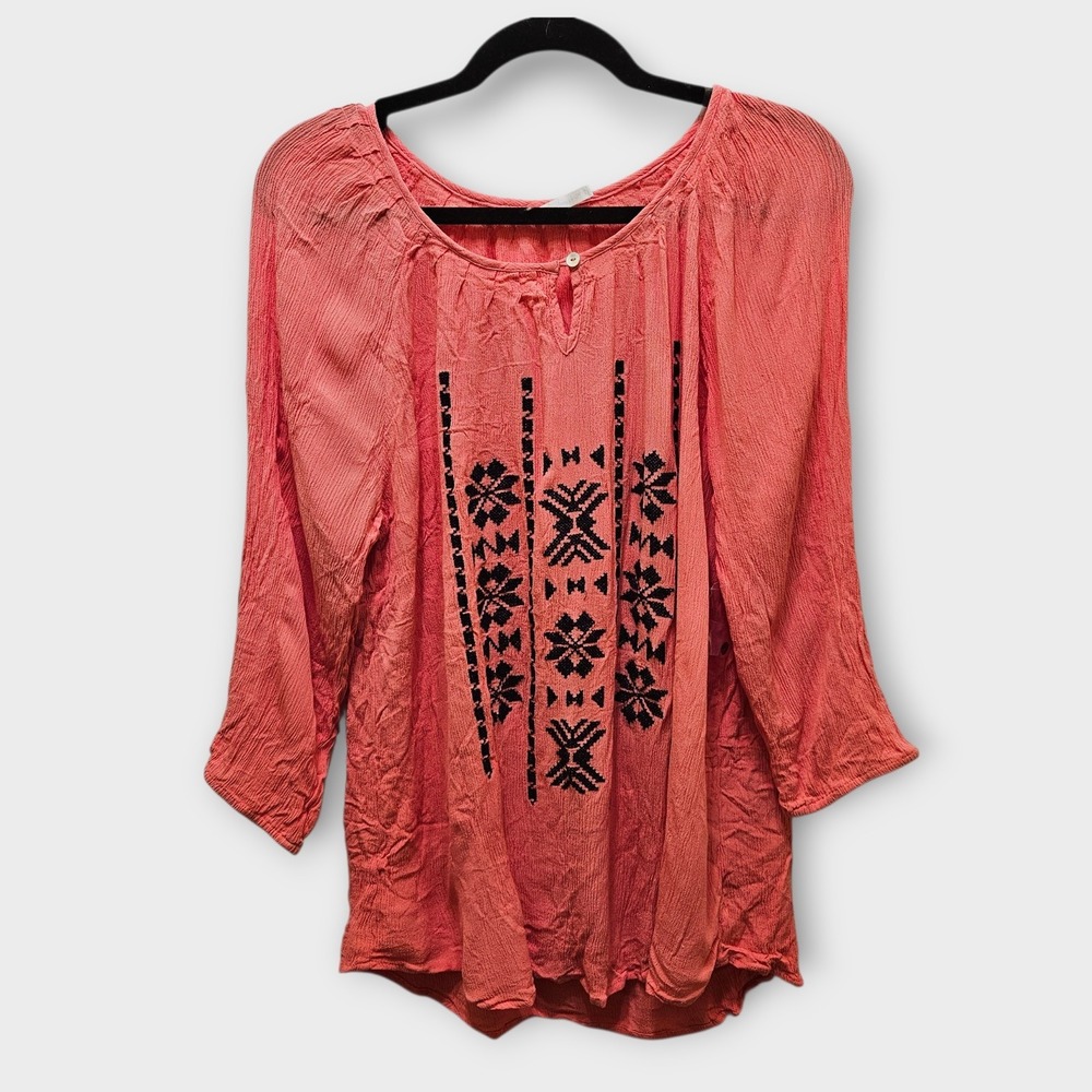 Passports Women's XL Coral Embroidered Peasant Tunic Top 100% Rayon‎ Long Sleeve